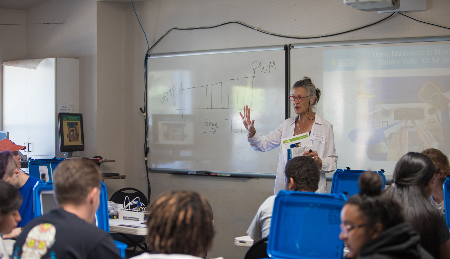 Professors Karina Garbesi teaching a group of students