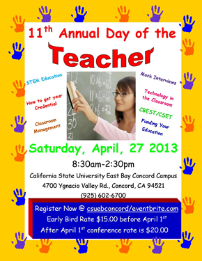 poster promoting "Day of the Teacher" on April 27 at the CSUEB Concord campus.