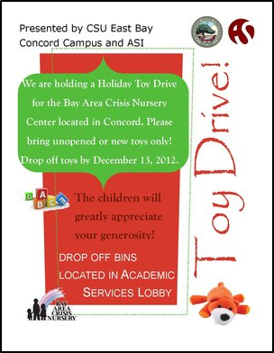 Poster promoting the Holiday Toy Drive on the CSUEB Concord campus