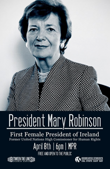 ASI poster promoting Mary Robinson lecture at Cal State East Bay.