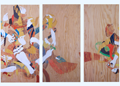 art laid out across three panels of wood.