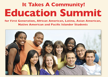 It Takes a Community: Education Summit for first-generation, African American, Latino, Asian American, Native American and Pacific Islander students; diverse group of young male and female students 