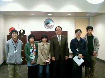 CSUEB President Morishita visits with Japanese exchange students from Sado High School.
