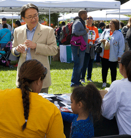 CSUEB President Leroy M. Morishita as he spoke to Expo volunteers and participants as part of April 5 activities sponsored by Hayward Promise Neighborhood. (by Garvin Tso)