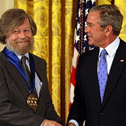 Composer Morton Lauridsen (left) is shown accepting the National Medal of Arts from former President Bush in 2007. Lauridsen will be on the Hayward campus Thursday.