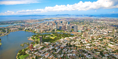 Aerial of Lake Merritt and downtown Oakland.