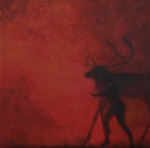 Square, red painting with hazy silhouette of man/stag.