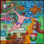 man diving into pool, fish, canoe, lounge chair